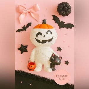 Jack O Lantern Mummy Statue w Black Cat Halloween Decor 16” NWT
